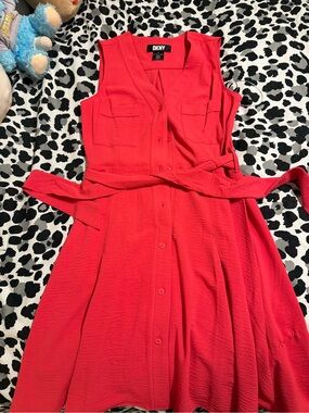 DKNY Coral-Red Sleeveless Button-Front Midi Dress with Waist Tie